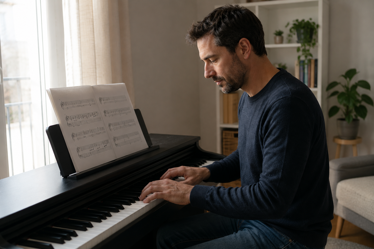 Homme concentré en train de jouer du piano