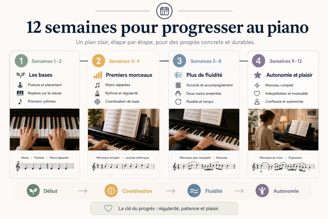 Infographie donnant un plan étape par étape pour progresser en piano sur 12 semaines