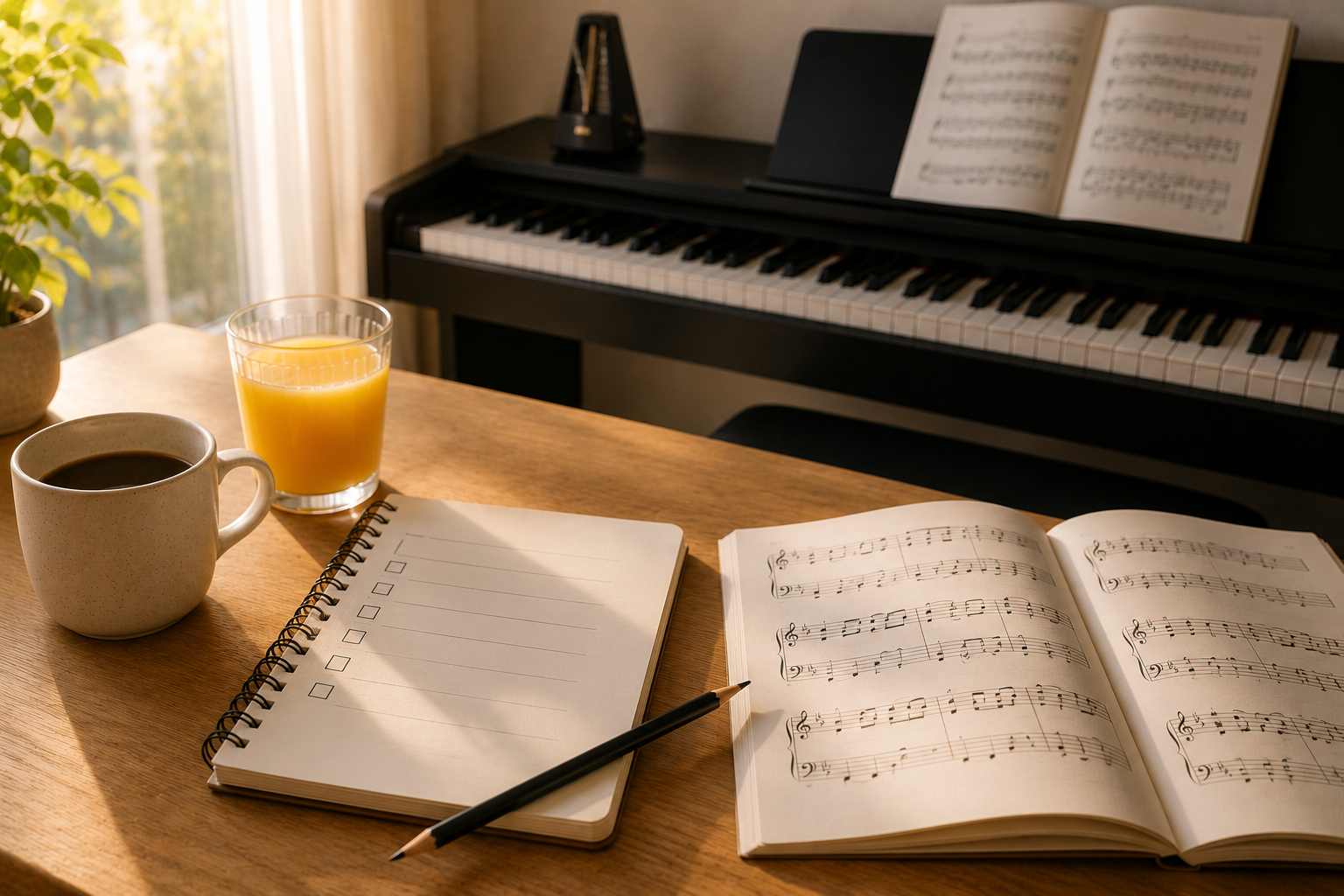 scène matinale avec un cahier et une checklist des exercices de piano à travailler
