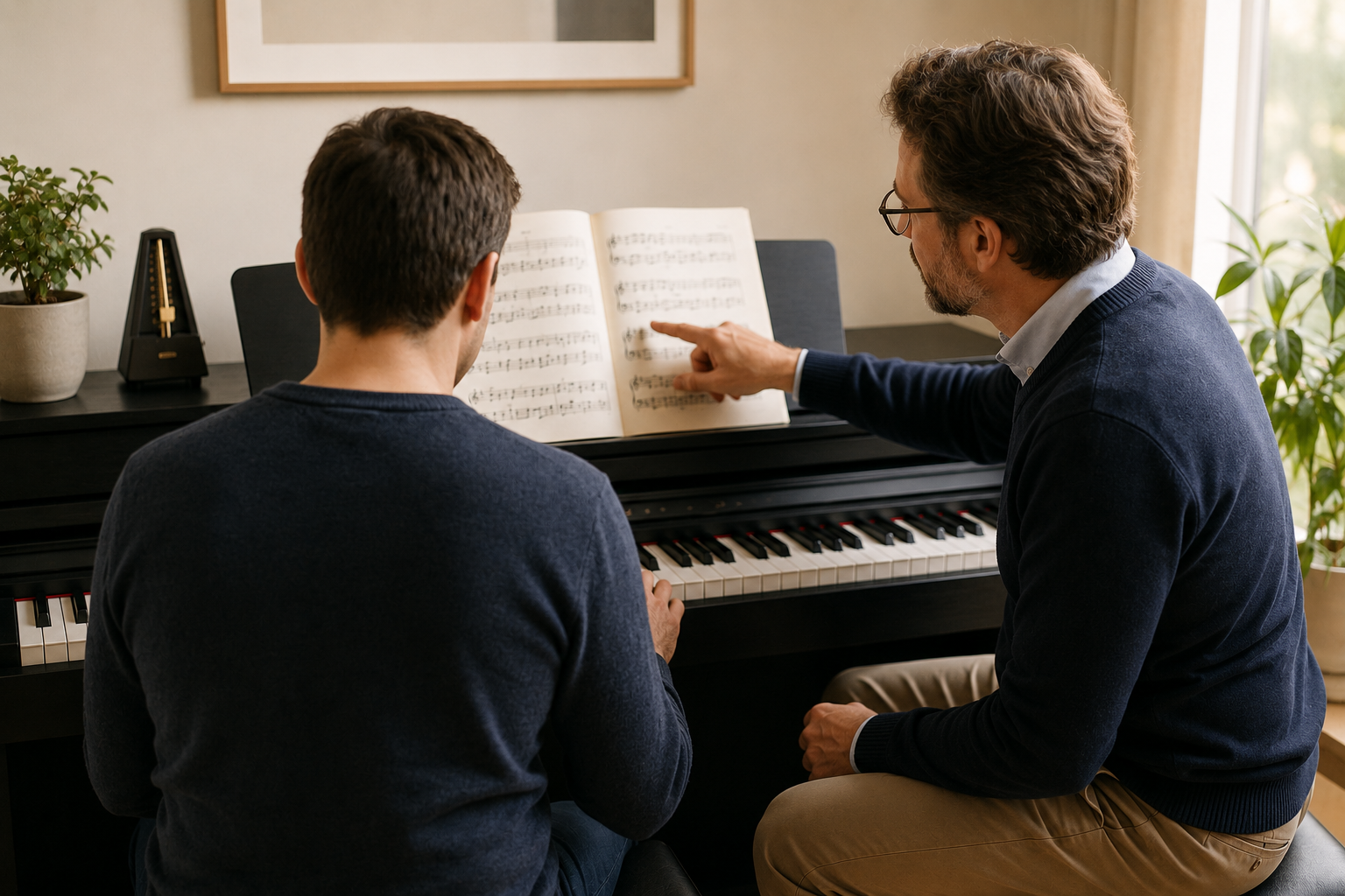 Eleve adulte de piano qui écoute les conseils de son professeur