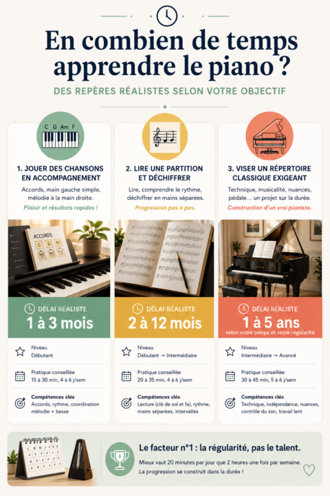 Infographie donnant les repères de temps dans l'apprentissage du piano