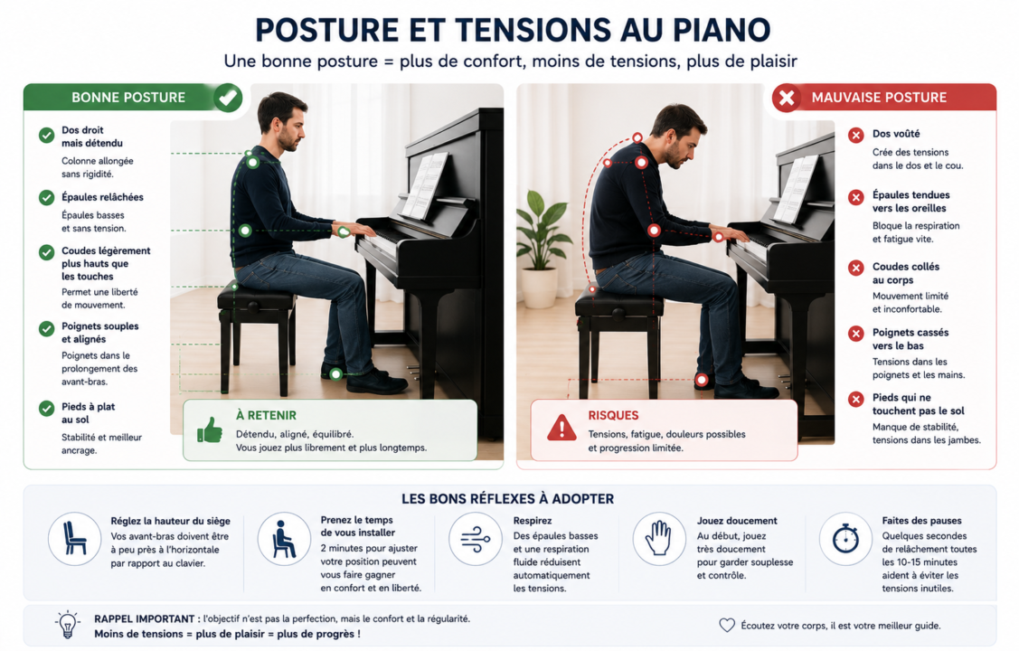 Schéma de la bonne posture pour jouer du piano et des mauvaises postures et tensions que ça créé