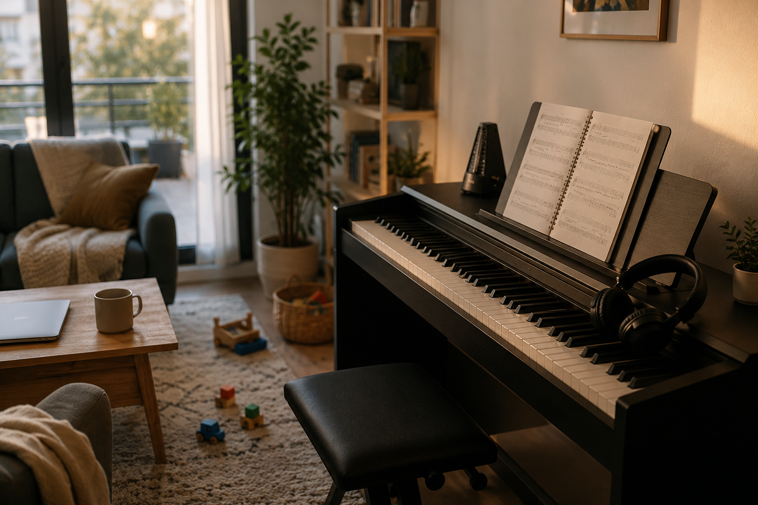 piano numérique installé dans un salon familial