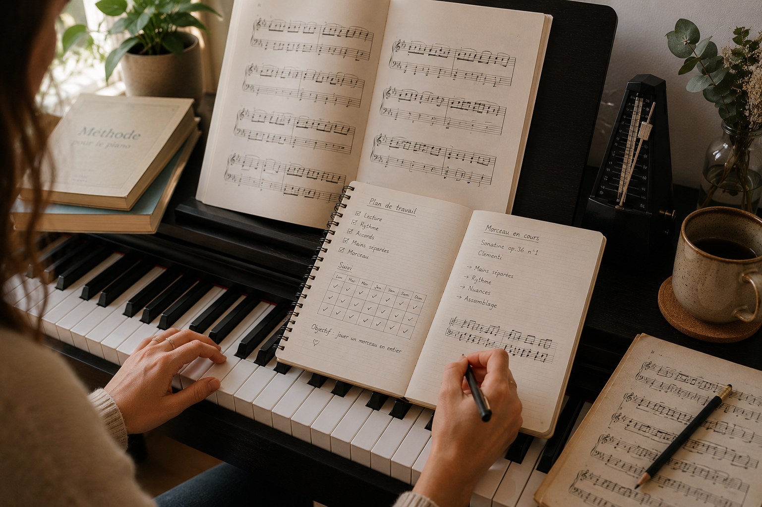 pianiste qui renseigne un carnet de progression devant la sa partition en jouant du piano