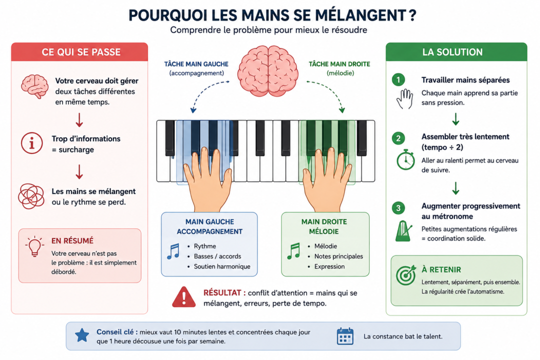 schema explicatif de pourquoi les mains se mélangent lors de l'apprentissage du piano et comment y remédier