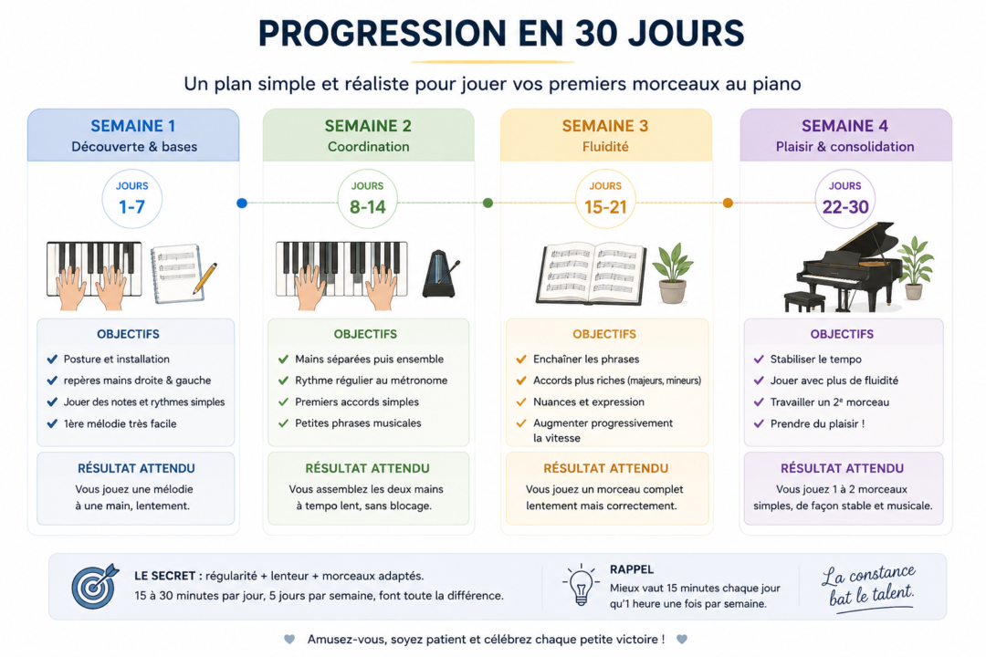 Plan schématisé pour progresser en 30 jours pour apprendre le piano